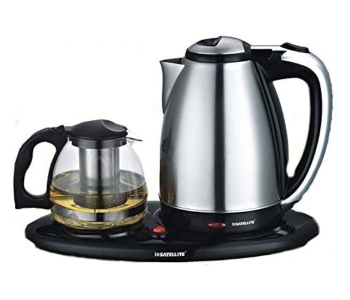 BM Satellite BM-9601 1.8 Liter Tea Tray With Stainless Steel Kettle And Glass Tea Pot Set - Black And Silver in UAE
