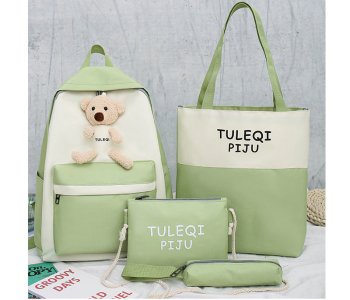 4 Pieces Fashion Cute Bear Canvas Shoulder School Bag For Teenage Girls - Green in UAE