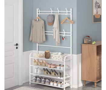 4-Tier Shoe Bench And 8 Hooks Multifunctional Shoe And Hat Rack Storage Shelf - White in UAE
