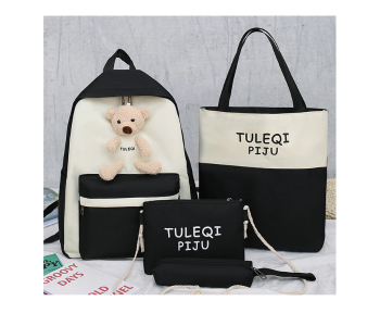 Express Delivery - 4 Pieces Fashion Cute Bear Canvas Shoulder School Bag for Teenage Girls - Black - ID 105299