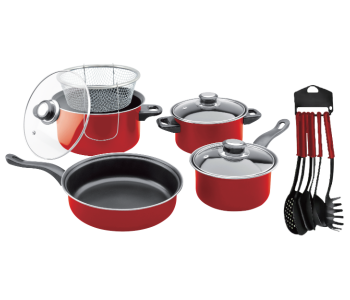 Olympia 14 Piece High Quality Non Stick Cookware Set With Deep Fryer - Red in UAE