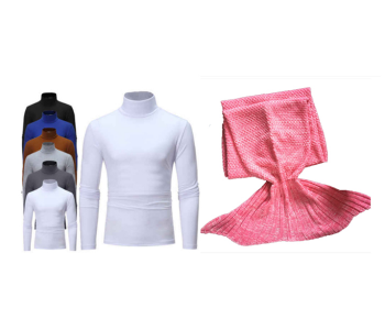 FN-Super Soft Crochet Mermaid Tail Blanket - Pink + FN-Set Of 5 Unisex Winter High Neck Full Sleeve T Shirt in UAE