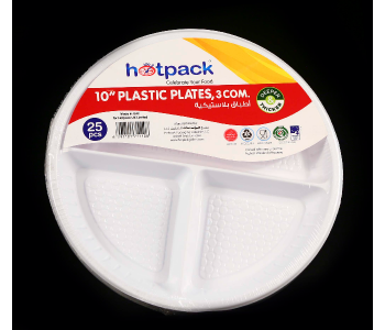 Hotpack PARPP103D 25 Pieces 10 Inch Plastic Round Plate With 3 Division - White in UAE