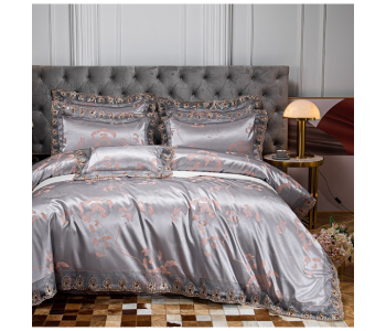 Express Delivery - GTC 22000738 Gold Satin Jacquard Luxury Euro Soft Silky Double Duvet Cover Bedroom Set - Grey - ID 112640