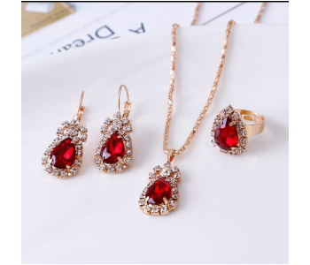 Express Delivery - Fashion Waterdrop Shiny Rhinestones Necklace Ring Earrings Women Jewelry Set - Red - ID 112008