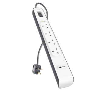 Express Delivery - Belkin BSV401AF2M 4-Way Surge Protection Strip with 2 A Shared USB Ports and 2 Meters Cord Length - White - ID 114407