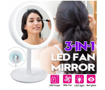 Express Delivery - Generic 3 in 1 LED Rotatable Dimmable Makeup Mirror with Fan USB Charging Selfie Ring Light - White - ID 115057