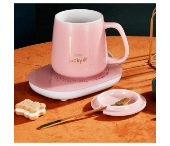 Express Delivery - GTC Ceramic Coffee Mug Warmer with Lid and Spoon - Pink - ID 114746