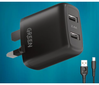 Express Delivery - Green Lion Charger Dual USB Port Wall Charger 12W UK with PVC Type-C Cable - Black - ID 117130