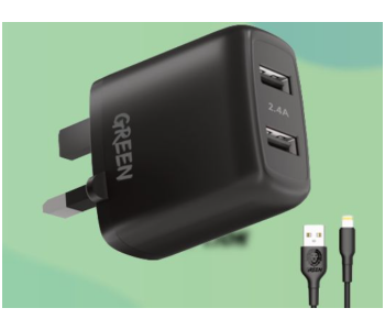 Express Delivery - Green Lion Charger Dual USB Port Wall Charger 12W UK with PVC Lightning Cable - Black - ID 117131
