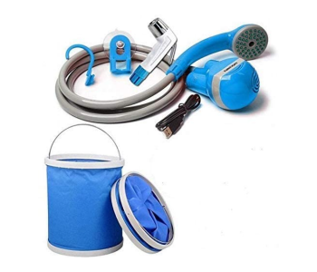 Express Delivery - RMN 2 in 1 Portable and Rechargeable Bath Shower and Flush with Foldable Bucket - Blue - ID 117467