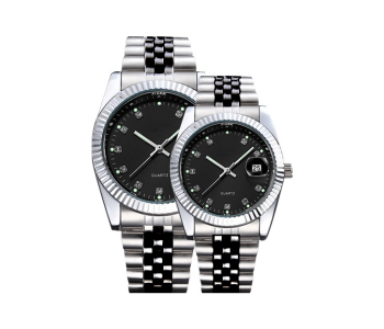 Galaxy Ocean Eagle Time Stainless Steel Date And Water Resistance Couple Watch Set - Silver And Black in UAE