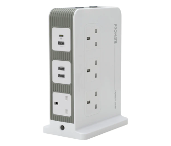 Promate 10 Way Outlets 3Meter Cord Power Strip With USB-C Port Multi Power Plug Extension With Smart 3 USB Ports - White in OMAN
