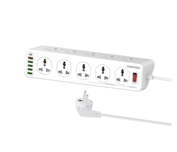 Promate Heavy-Duty Universal 10 Way Outlets 20Watts USB-C 3Meter Cord Power Plug Extension Power Strip EU Plug - White in OMAN