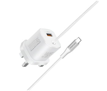Promate 1.5Meter Premium 33Watts USB-C Charger UK - White in OMAN