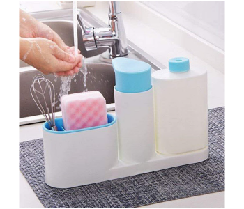 Express Delivery - GTC 22000943 3 in 1 Stand Kitchen Sink Tidy Liquid Soap Dispenser and Cleaning Cloth Holder and Sanitizer Liquid Bottle - White and Blue - ID 124363