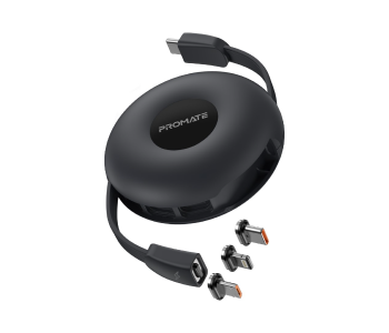 Promate 3-in-1 Retractable 60Watts USB-C Magnetic Charging Cable - Black in UAE