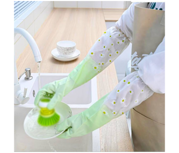 Express Delivery - GTC 22000953 1 Pair Full Long Cuff Flock Lining Household Waterproof Dishwashing Gloves - Green - ID 124353