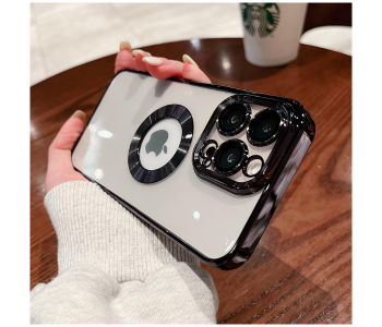 Express Delivery - Luxury Transparent Plating Logo Hole Case Glass Camera Protector Cover for iPhone 12 - Black - ID 125119