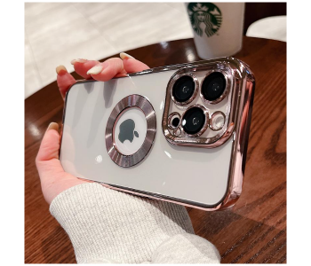 Express Delivery - Luxury Transparent Plating Logo Hole Case Glass Camera Protector Cover for iPhone 12 - Rose Gold - ID 125114
