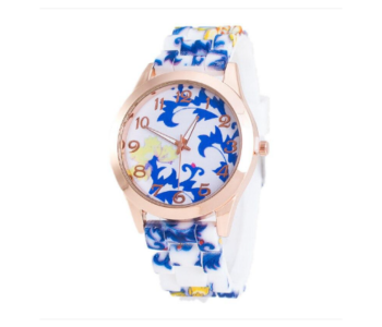 Express Delivery - Floral Dial Silicone Band Analog Watches for Women - White and Blue  - ID 126471