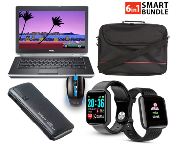 Dell Latitude 6430 14 Inch 3rd Gen Intel Core I5 Processor 8GB RAM 500GB Storage Windows 10 Refurbished Laptop + Padded Strap 15.6 Inch Laptop Bag - Black + Enet Wired Optical USB Mouse - Black + JA-F- D20 1.3 Inch Water Resistant IPS Color Screen Smart Watch - Black + D13 Smart Watch With Heart Rate Monitor - Black + Demaco Super Power Bank 20000mAh - Black in KSA