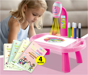 FN-Sank Magic 4 Piece Practice Copybook For Kids With Pen-A + Child Learning Desk With Smart Projector Educational Painting Table With Light Music Children Projection Drawing Playset Table - Pink-A in KSA