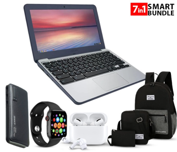 ASUS Chromebook C202SA 11.6 180 Degree Intel Celeron 4 GB, 16GB EMMC Refurbished Laptop With App Store + Generic Demaco Super Power Bank 20000mAh - White + W26 PRO MAX T55 Smart Watch Bluetooth + Airpod Pro Bluetooth Earphones Wireless Headset + Set Of 3 Pieces Laptop Backpack Unisex in OMAN