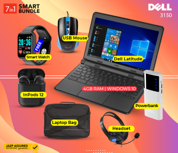 Dell Latitude 3150 Laptop 11.6Inch Screen 4GB RAM 500GB HD Intel Pentium Dual-Core Processor Windows 10 Refurbished - Black + Padded Strap 15.6 Inch Laptop Bag - Black + Gaming Headset With Mic For P4 And X One - Black + Enet Wired Optical USB Mouse - Black + JA-F- D20 1.3 Inch Water Resistant IPS Color Screen Smart Watch - Black + Macon Powerbank With Strong Light Real Capacity 20000mAh - White + InPods 12 Twin Bluetooth Headset - Black in OMAN