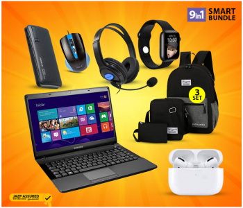 Samsung 3 NP300E4C 14 Inch 3rd Gen Intel Core I5-3210M Processor 4GB RAM 500GB HDD Intel HD Graphics Refurbished Laptop - Black + Generic Demaco Super Power Bank 20000mAh - White + W26 PRO MAX T55 Smart Watch Bluetooth + Airpod Pro Bluetooth Earphones Wireless Headset + Enet Wired Optical USB Mouse - Black + Set Of 3 Pieces Laptop Backpack Unisex in OMAN