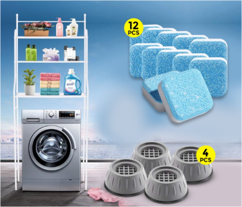 4 Piece Washing Machine Foot Pad Shockproof Noise Cancelling Washing Machine Support - Grey-A + Generic 12-Piece Washing Machine Cleaning Effervescent Tablet Set - Blue + Generic Washing Machine Rack Laundry Storage Shelf TW-107 in OMAN