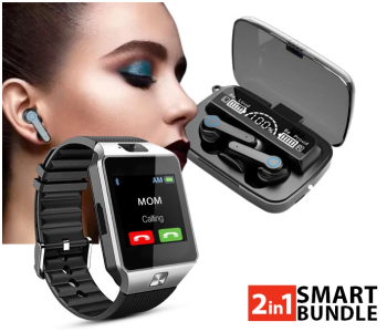 M19 Digital Display TWS Mini Sports Headset With Charging Bin + Smart Watch Rubber Strap With Sim Slot DZ-09 - Black in KSA