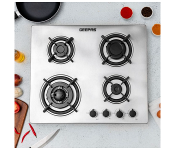 Express Delivery - Geepas GGC31026 Stainless Steel Auto ignition Metal Knob 4 Burner Cast Iron Pan Support Burner-Silver - ID 129856