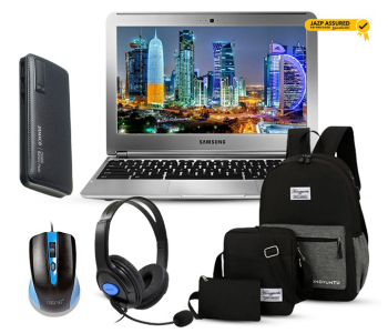 Samsung Chromebook 11.6 Inch Display Intel Celeron Processor 2GB RAM 16GB SSD Chrome OS Refurbished Laptop + Generic Demaco Super Power Bank 20000mAh - White + Enet Wired Optical USB Mouse - Black + Gaming Headset With Mic For P4 And X One - Black + Set Of 3 Pieces Laptop Backpack Unisex in OMAN