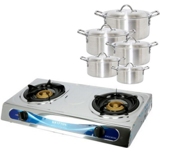Krypton KNGC6034 Double Gas Burner - Silver + PRADO Graceful Design Metal Finish 10pcs Aluminium Cooking Pot Set Made In Pakistan in OMAN