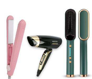 Professional Hair Straightener Tourmaline Ceramic Hair Curler Brush Hair Comb Straighteners Curling Hair Iron Hair Styler Tool-A + Krypton KNH6056 1200 Watts Hair Dryer - Black + HTC-8812-HS 20 Watts Ceramic Plated Mini Hair Straightener - Assorted in OMAN