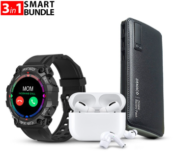FD68 Sports Fitness Tracker With Custom Dials Smart Watch - Black + Demaco Super Power Bank 20000mAh - Black + TWS Airpod Pro 3 Bluetooth Earphones Wireless Headset - White in KSA