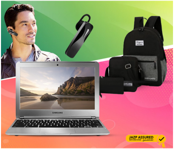 Samsung Chromebook 11.6 Inch Display Intel Celeron Processor 2GB RAM 16GB SSD Chrome OS Refurbished Laptop + Set Of 3 Pieces Laptop Backpack Unisex + Light Weight Wireless Bluetooth Single Ear Mono Headset With Mic - Black in OMAN