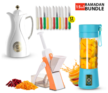Fuxwell High Quality Stainless Steel 3inch Knife Set - 12Pcs + Brava Spring Slicer -JA167-A + Milton Vaccum Flask Arabic Design - White + Portable Rechargeable Juice Blender 6B With USB Charger JA016 - Blue in KSA