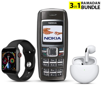 IWO 8 Sport Smart Watch - Black + Nokia 1600 Refurbished Mobile Phone + True Wireless Stereo In-Ear Earphone (White) in KSA