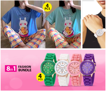 4 Pieces Short Sleeved New Style Home Wear Women Pajamas Set + Geneva Silicone Band Woman Watch - Green + Geneva Silicone Band Woman Watch - Pink + Geneva Silicone Band Woman Watch - Blue + Geneva Silicone Band Woman Watch - White in KSA