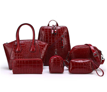 PU Leather 6 Pcs Solid Shade Composite Shoulder Crossbody Bag For Women - Scarlet Red in KSA