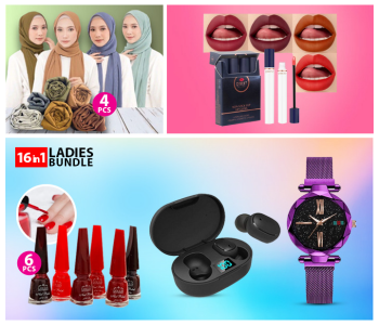 FN-Bluetooth Earphone Headsets Wireless Earbuds 5.0 + RMN Pack Of 6 Pieces Beauty Multicolor Nail Polish + Qibest 4 Shades Make Up Non Stick Cup Lip Gloss Mini Size Tubes Set A Lipstick + Pack Of 4 Feme Womens Hijab Scarf Collection + FLLi Star Sky Magnetic Mesh Strap Watch - Purple in KSA
