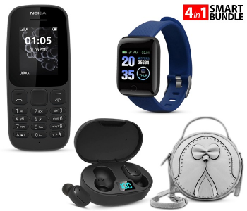 Nokia 105 Dual Sim Mobile Phone - Black (Refurbished) + Louis Round Messenger Hand Bag For Women + FN-Bluetooth Earphone Headsets Wireless Earbuds 5.0 + D13 Smart Watch With Heart Rate Monitor - Blue in KSA