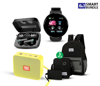 M19 Digital Display TWS Mini Sports Headset With Charging Bin + D18 Fitness Tracker Bluetooth Smart Bracelet Heart Rate Monitor With Colour LCD Touch Screen For Android And IOS - Black + TG-166 Bluetooth Speaker Outdoor Portable Hands-Free Calling - Yellow + Galaxy Unisex Set Of 3 Pieces Business Laptop Backpack - Black in KSA