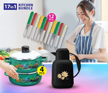 OE-002 4 Pieces DDSTK Olympia Casserole Set Olympia - Green And Silver + Milton MLT100102 Vacuum Insulated Flask Ellie 1 Litre - Black + Fuxwell High Quality Stainless Steel 3inch Knife Set - 12Pcs in KSA