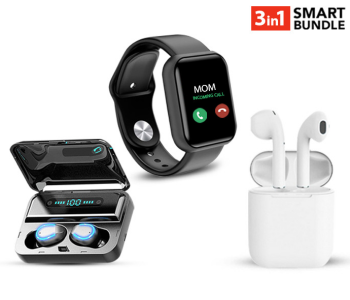 FN-Electric Display F9-5 TWS Mini Wireless Stereo Invisible Sports Headset With Charging Bin Mini + JA-F- D20 1.3 Inch Waterproof IPS Color Screen Smart Watch - Black + InPods 12 Twin Bluetooth Headset - White in KSA
