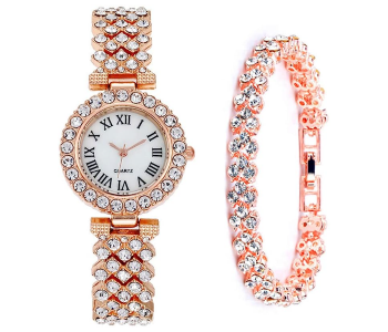 Luxury Women Platinum Watch Fashion Ladies Quartz Diamond Wristwatch Elegant Female Bracelet Watches 2pcs Set in KSA
