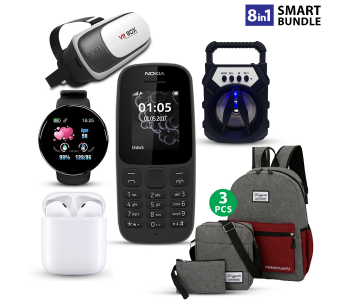 Bundle 1 PCs Set D18 Fitness Tracker Bluetooth Smart Bracelet Heart Rate Monitor With Colour LCD Touch Screen For Android And IOS - Black + 1 PCs Set Galaxy Unisex Set Of 3 Pieces Business Laptop Backpack - Grey + 1 PCs Set GT Portable Bluetooth Rechargeable Camping Speaker + 1 PCs Set VR Box Version Virtual Reality Glasses - Rift 3D Movies & Games + 1 PCs Set InPods 12 Twin Bluetooth Headset - White + 1 PCs Set Nokia 105 Dual Sim Mobile Phone - Black (Refurbished) in KSA