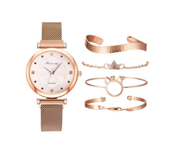 Luxury Magnet Buckle Flower Rhinestone Ladies Quartz Wrist Watch With 4 Pcs Bracelet Set - Gold in KSA